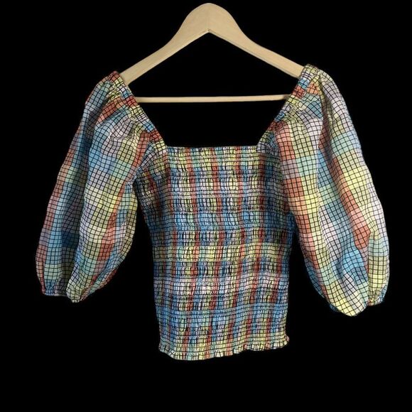 Ganni Windowpane Gingham Multi Striped Smocked Top Puff Sleeves Sz 36/US… - Picture 11 of 11